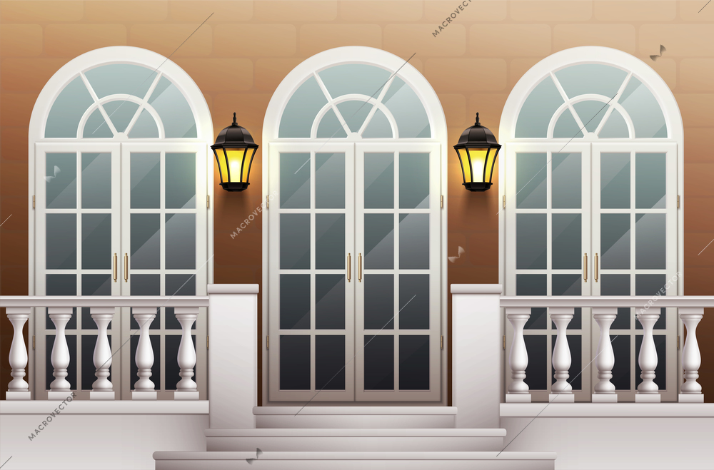 Classic palace facade with glass front door porch and terrace with balustrade realistic background vector illustration