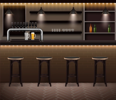 Pub trendy interior with bar stools row near counter desk equipped with draft beer tap  realistic vector illustration