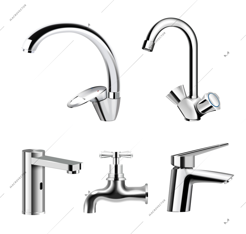 Realistic set of steel chrome plated water supply faucets various shapes and designs on white background isolated vector illustration