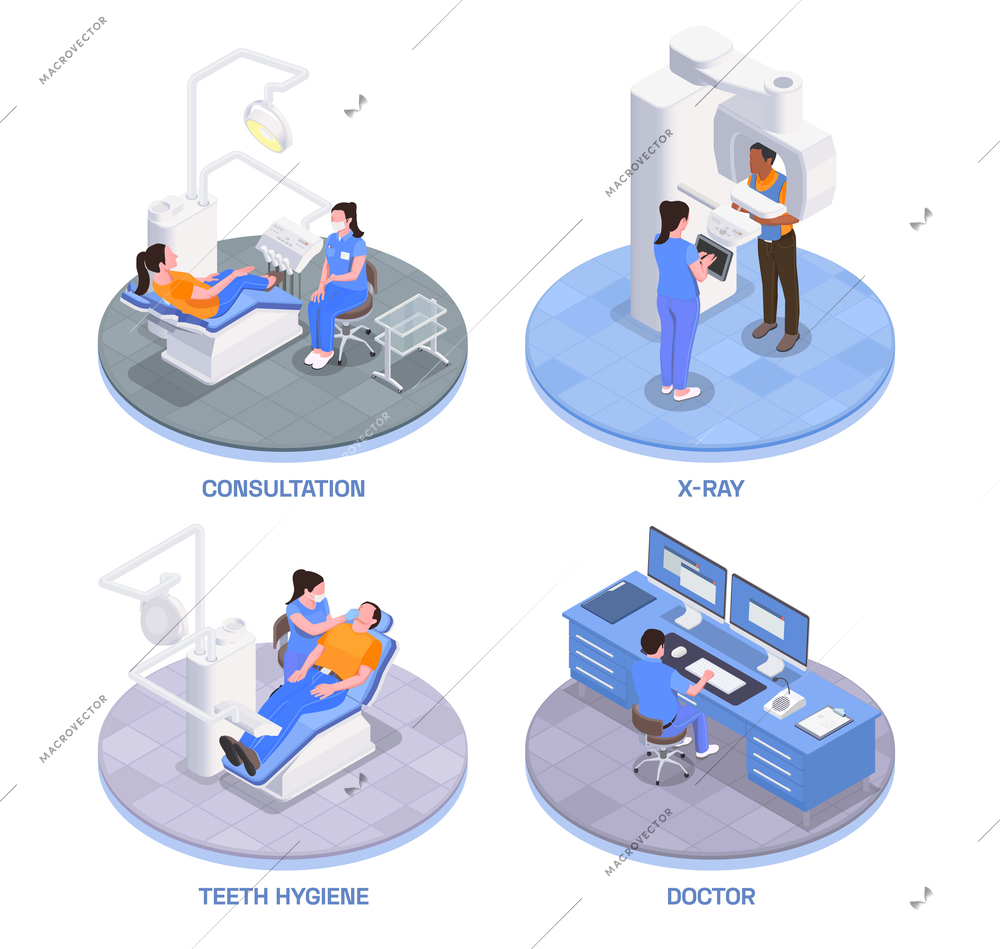 Stomatology clinic concept isometric icons set with teeth hygiene symbols isolated vector illustration