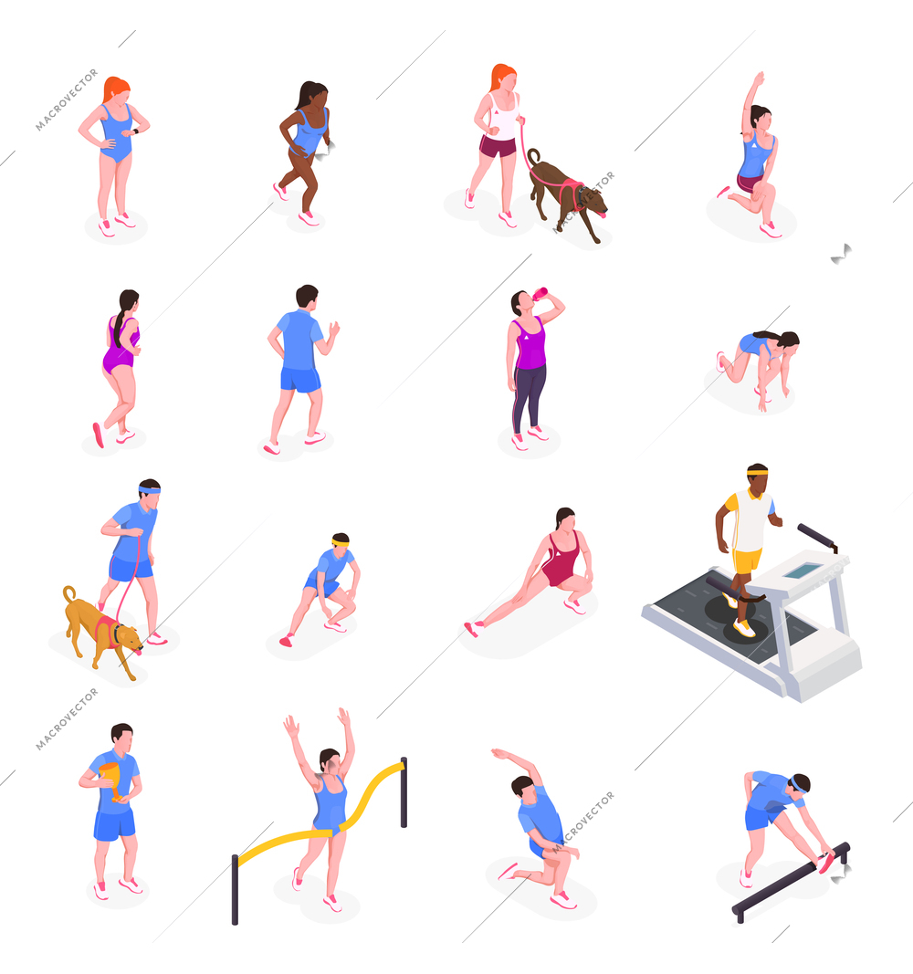 Running people icons set with active lifestyle symbols isometric isolated vector illustration