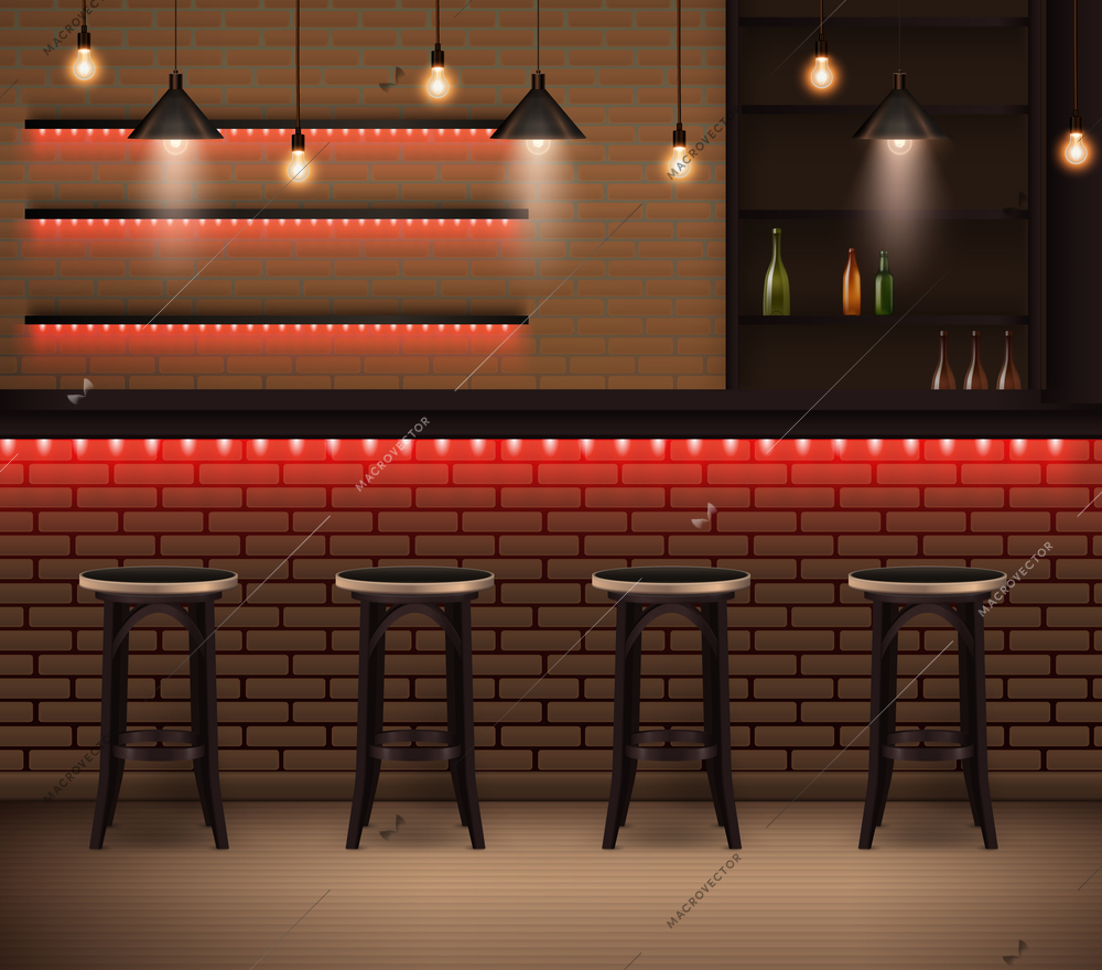 Trendy interior of cafe realistic background in loft design style with counter bar chairs and brick walls vector illustration