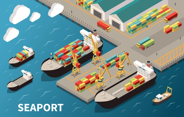 Seaport terminal isometric composition with loading unloading container vessels cargo carriers cranes freight transport warehouse vector illustration