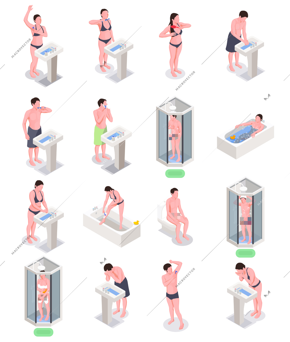 Hygiene isometric icons set with bathing and shower symbols isolated vector illustration