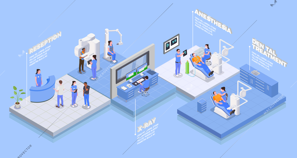 Stomatology clinic isometric concept with anesthesia and treatment symbols  vector illustration