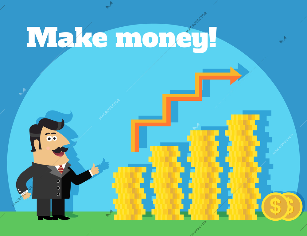 Business life shareholder in suit  with stack of coins make money concept vector illustration