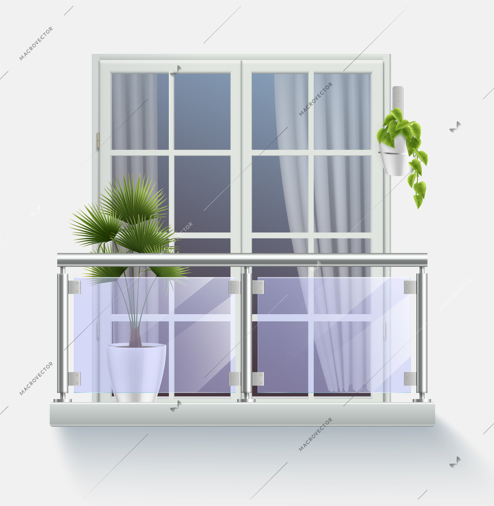 Window of modern building with access to balcony fenced with transparent glass realistic vector illustration