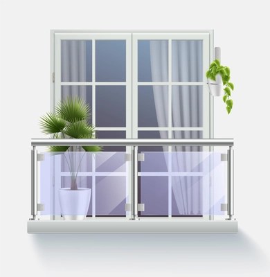 Window of modern building with access to balcony fenced with transparent glass realistic vector illustration