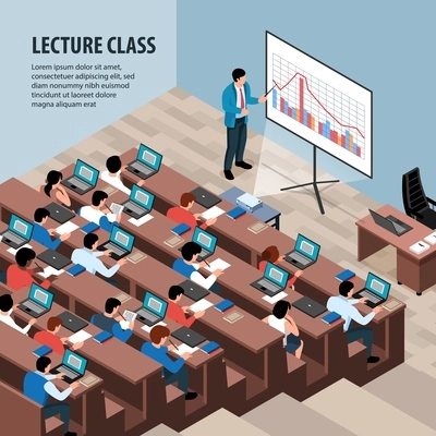 Isometric professor lecture class background with editable text and indoor view of classroom with desk rows vector illustration