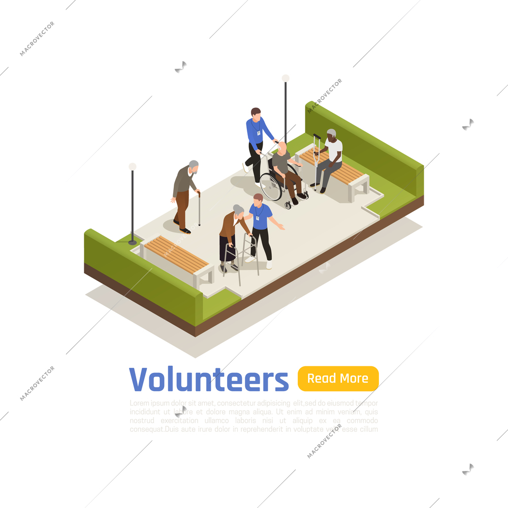 Charity donation volunteering isometric background with disabled people in park with volunteer characters text and button vector illustration