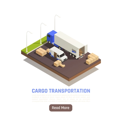 Cargo transportation logistic delivery isometric background with read more button text and truck on parking lot vector illustration