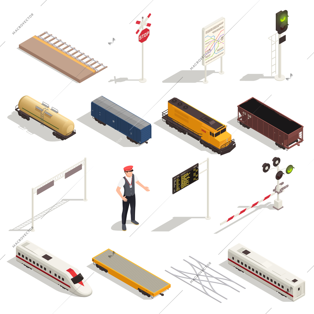 Train railway station isometric set with isolated icons of carriages locomotives and elements of rail infrastructure vector illustration