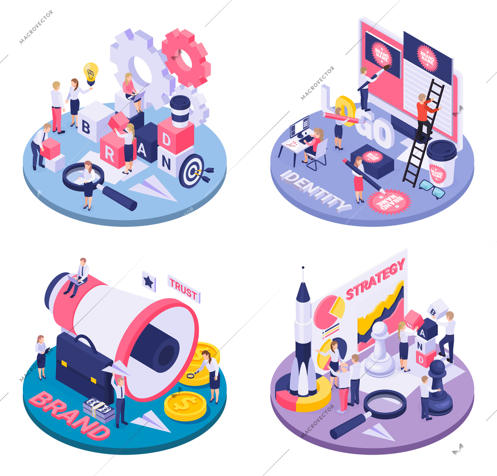 Brand identity as goals achieving strategy concept 4 circular isometric compositions logo creating collaboration symbols vector illustration