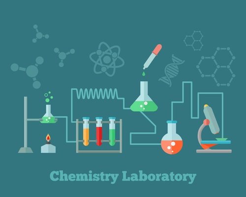 Chemistry education research laboratory equipment microscope emblem with background dna molecule structure formulas concept poster vector illustration