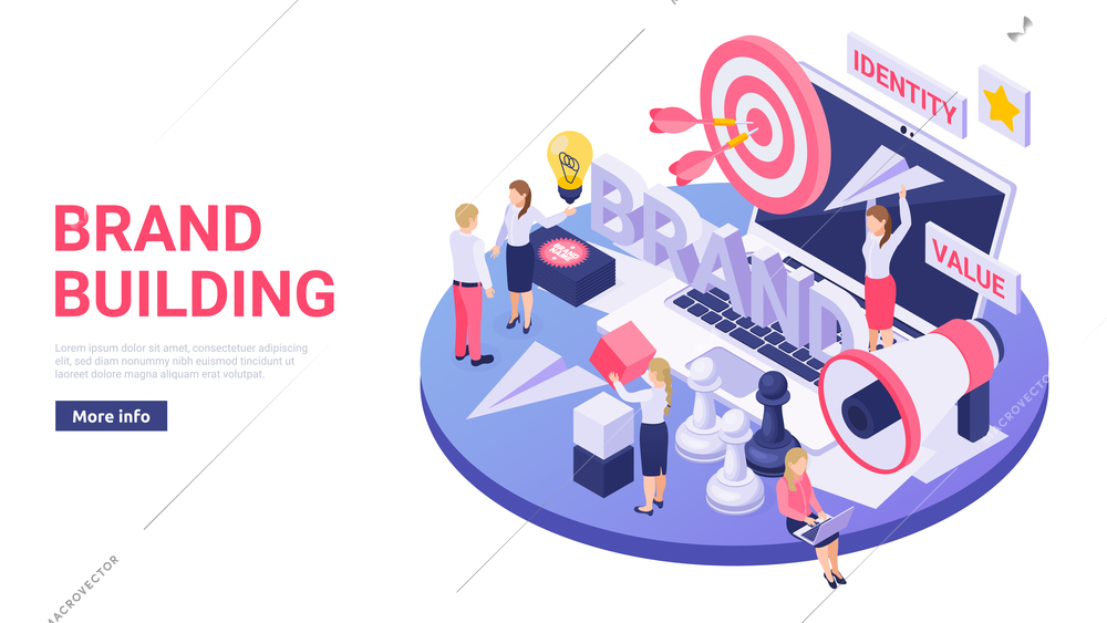Brand building online services isometric circular design with megaphone target paper air plane landing page vector illustration