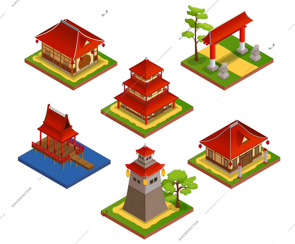 Asian buildings isometric set with house and bridge isolated vector illustration