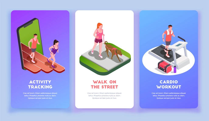 Running people vertical banners set with activity tracking symbols  isometric isolated vector illustration