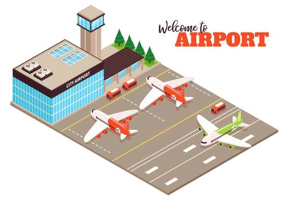 City airport terminal aerodrome outdoor facility isometric composition with airfield aircraft buses runway landing plane vector illustration