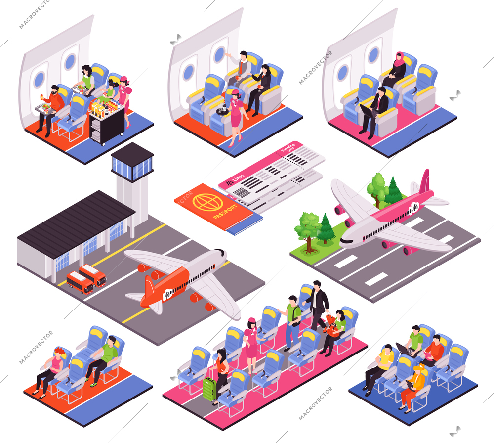 Air travel 9 isometric compositions set with airport terminal landing airplane interior flight attendant passengers vector illustration