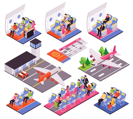 Air travel 9 isometric compositions set with airport terminal landing airplane interior flight attendant passengers vector illustration