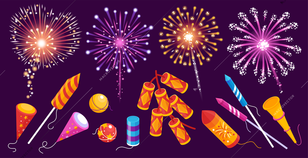 Fireworks rockets firecrackers bengal lights smoke balls sparkles colorful festive set against dark violet background vector illustration