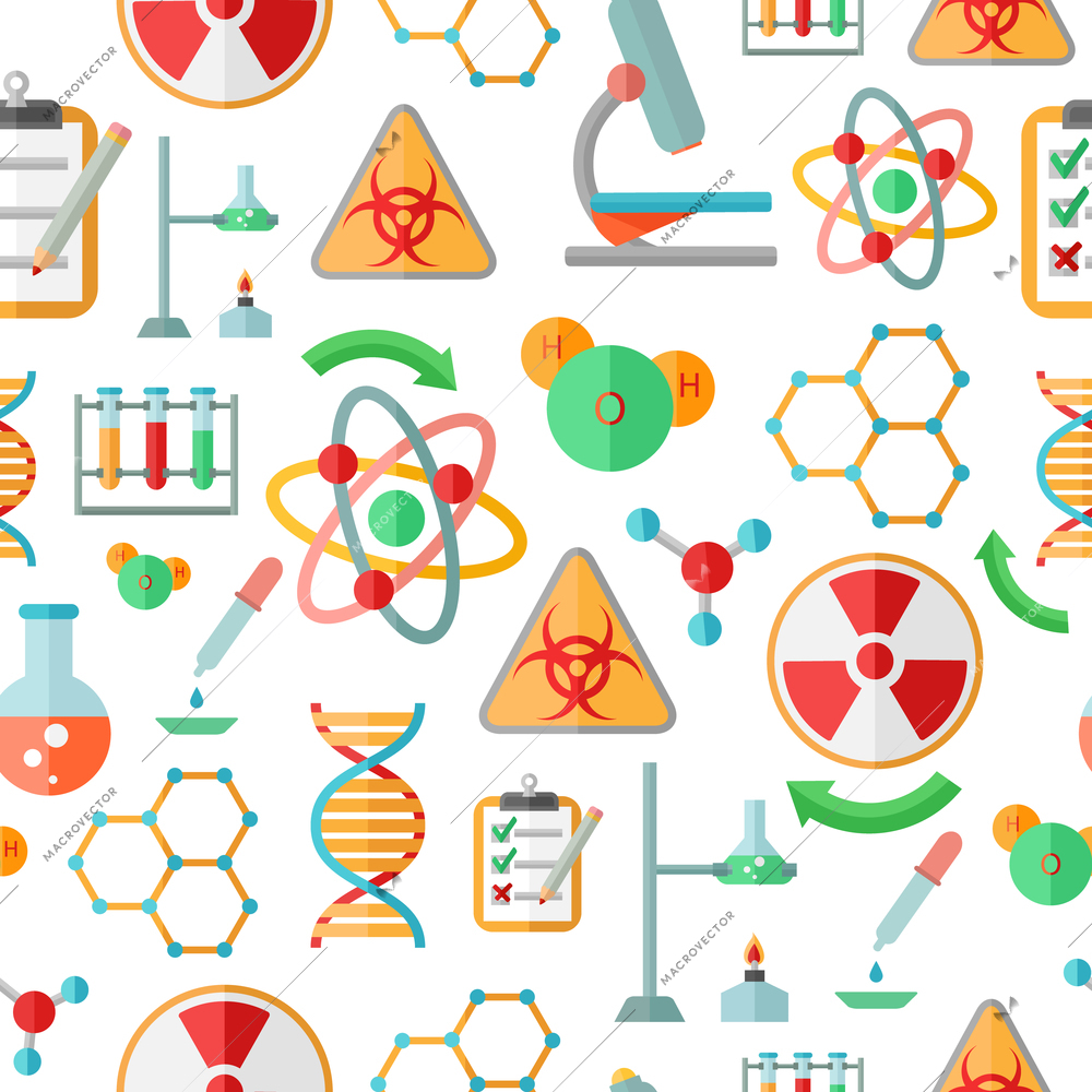 Decorative abstract chemistry  dna research symbols and microscope code formulas seamless background pattern design flat vector illustration