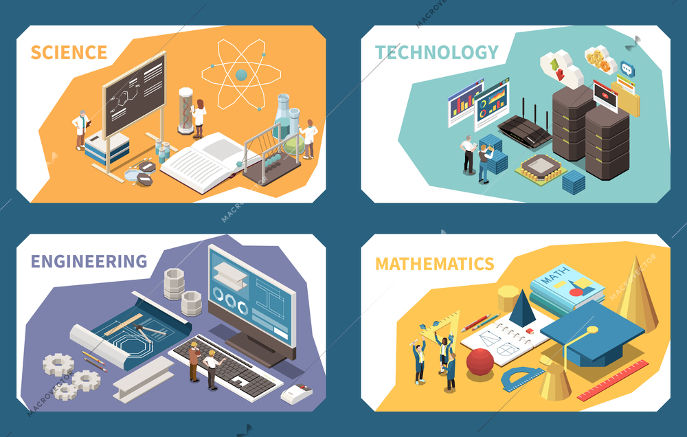 STEM education concept 4 isometric compositions cards with science lesson engineering software mathematics geometric shapes vector illustration