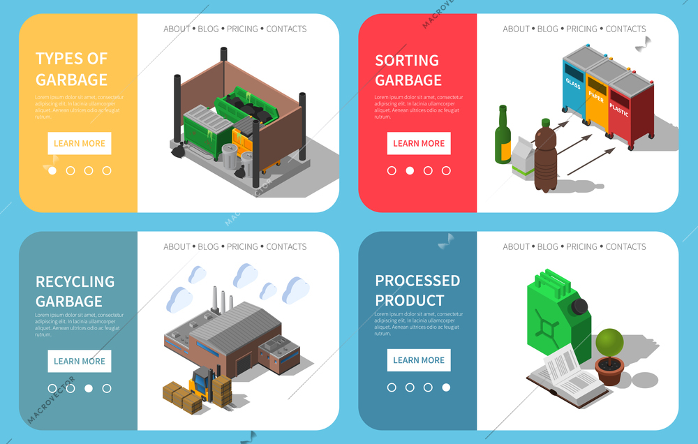 Waste sorting bins garbage collecting recycling processing info 4 isometric colorful compositions website design isolated vector illustration