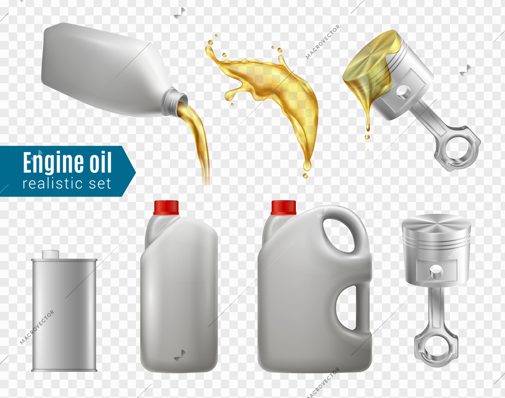 Engine oil advertising transparent set of canisters containers and bottles for packing of motor oil realistic vector illustration