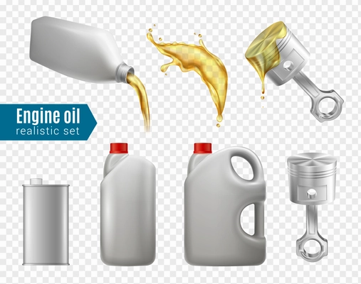 Engine oil advertising transparent set of canisters containers and bottles for packing of motor oil realistic vector illustration