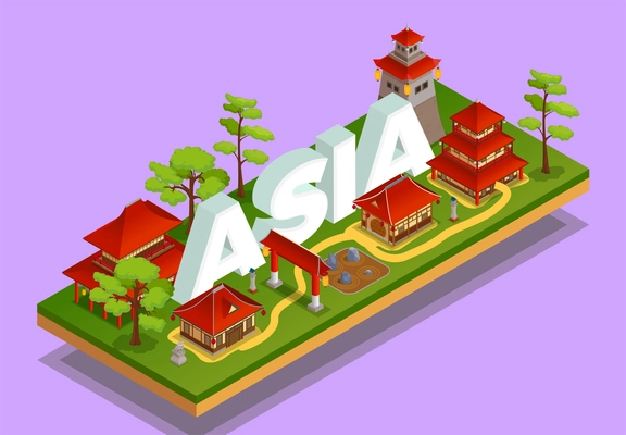 Asia isometric concept with architecture scenery and nature on pink background vector illustration