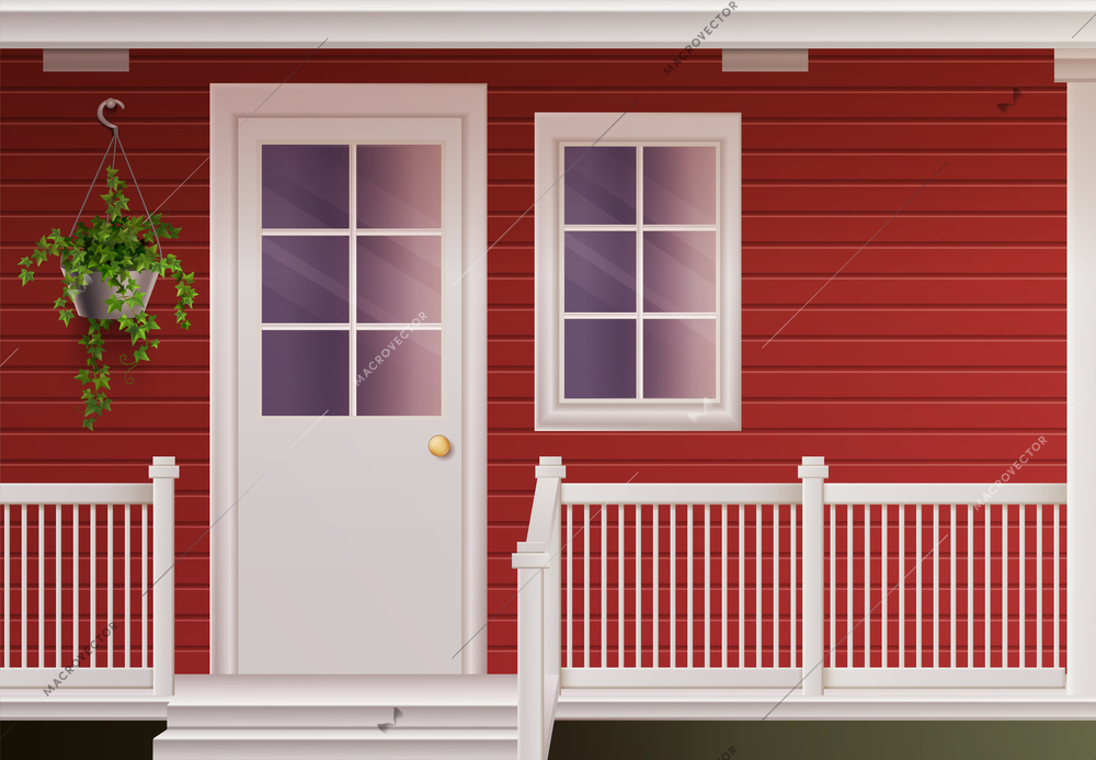 Private country cottage house facade with entrance door and fenced porch realistic poster vector illustration