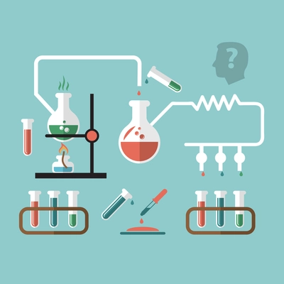 Chemistry molecular scientific research tube pipette reaction infografic chart presentation with burner flame doodle sketch vector illustration