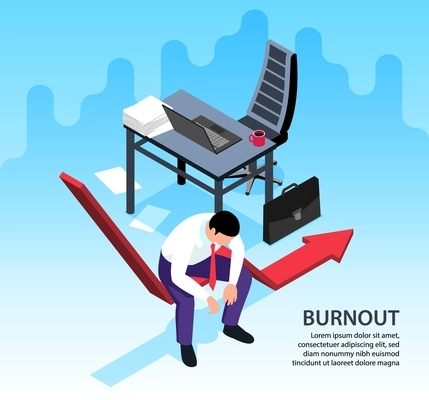 Isometric professional burnout background with exhausted man at his work place in office 3d vector illustration