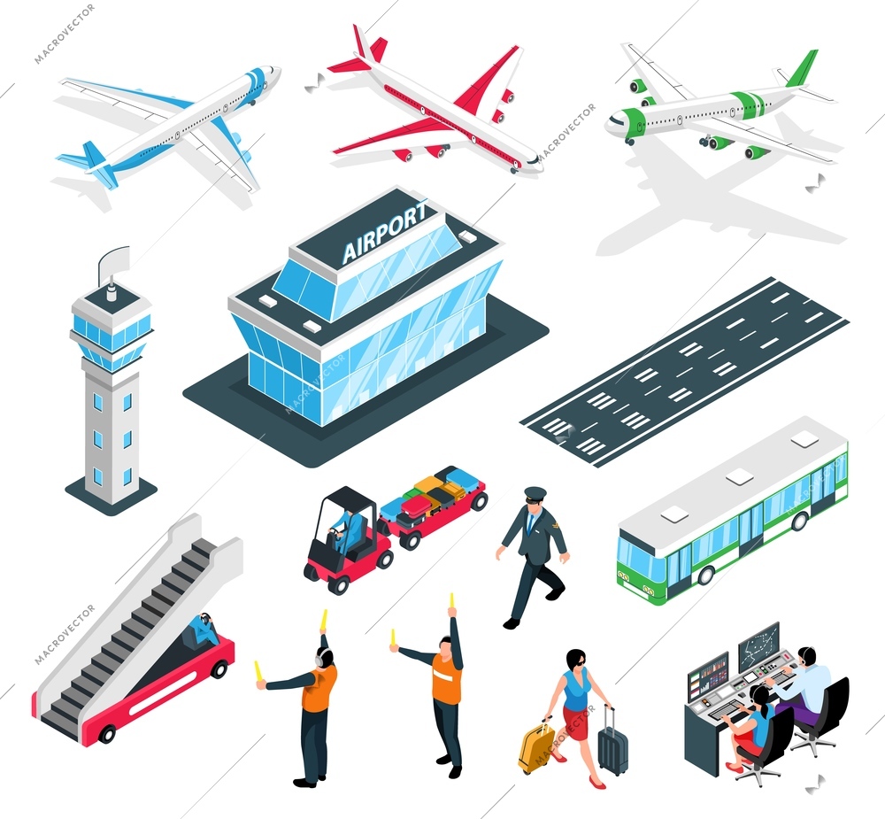 Isometric airport set with isolated icons of traffic control equipment terminal building controllers and team members vector illustration