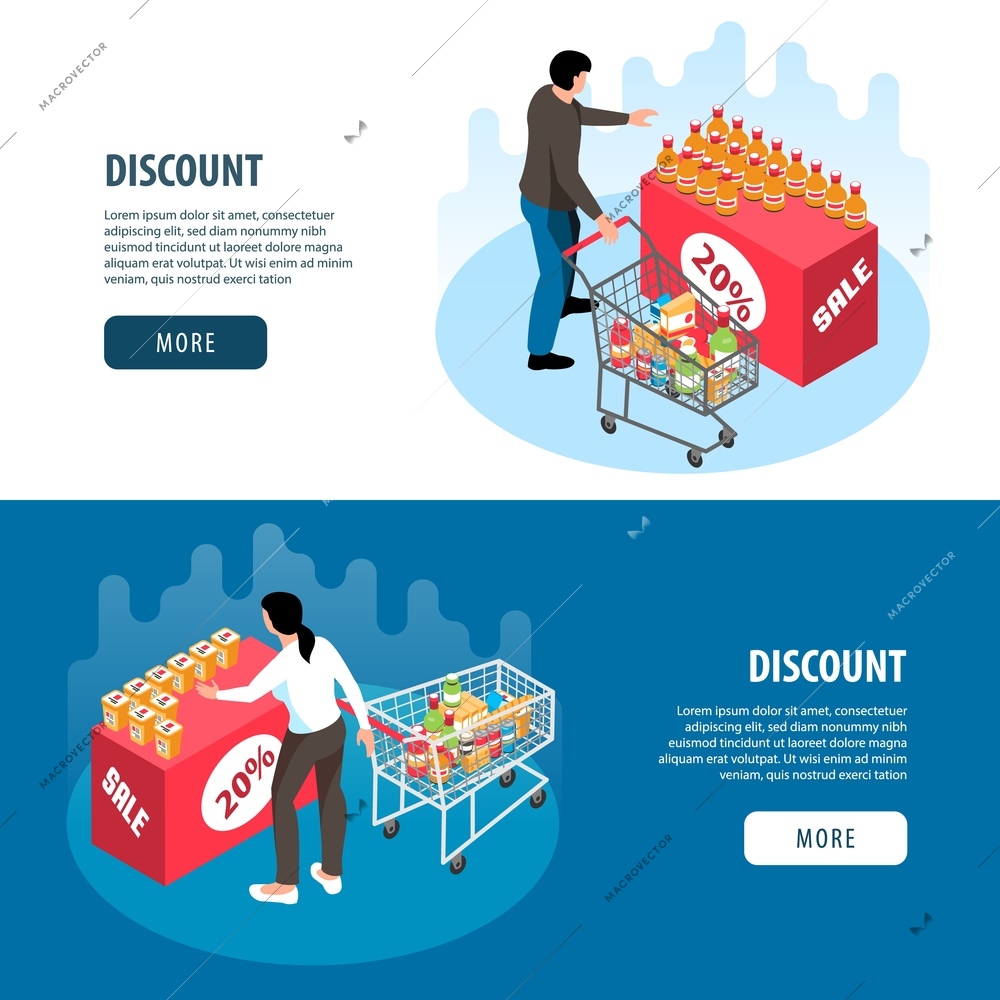 Horizontal isometric banners set with people buying products at discount at supermarket 3d isolated vector illustration