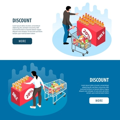 Horizontal isometric banners set with people buying products at discount at supermarket 3d isolated vector illustration