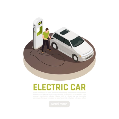 Green energy ecology isometric background with electric car charging station editable text and read more button vector illustration