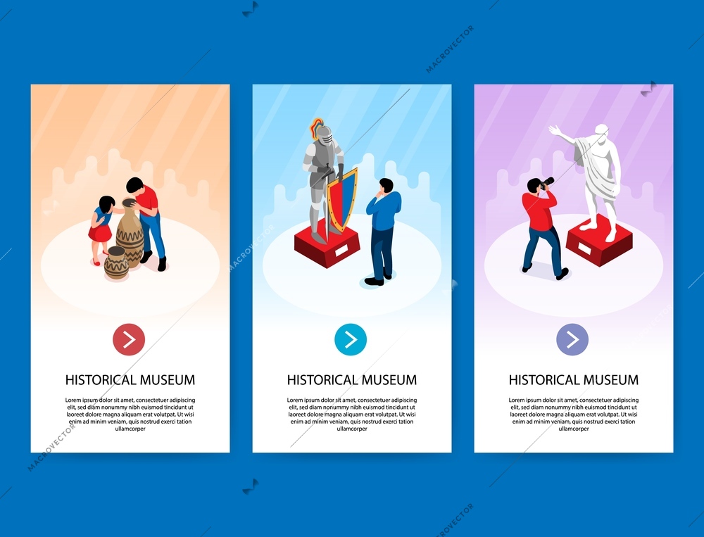 Set of three isometric historical museum vertical banners with next page buttons text and human characters vector illustration