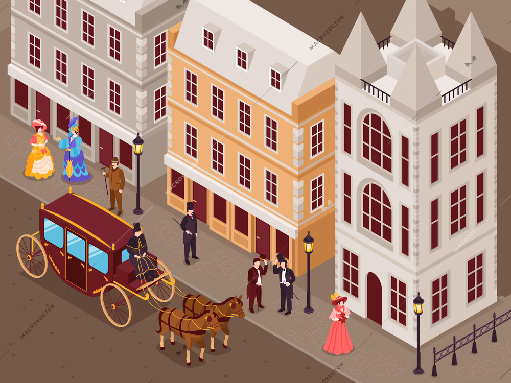 Victorian era street with city houses gentlemen ladies in fashionable crinoline skirts carriage isometric view vector illustration