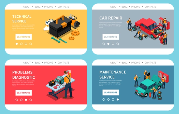 Car repair maintenance problem diagnostic parts replacement technical service 4 colorful isometric compositions website design vector illustration