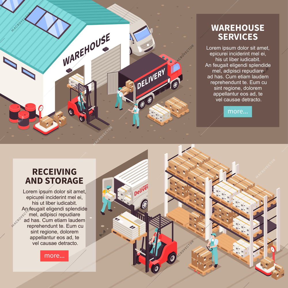 Logistic horizontal banners with warehouse services receiving and storage isometric compositions vector illustration