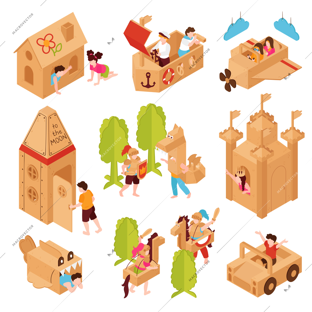 Isometric kids children box paper cardboard creative playing set with isolated compositions of teens and buildings vector illustration