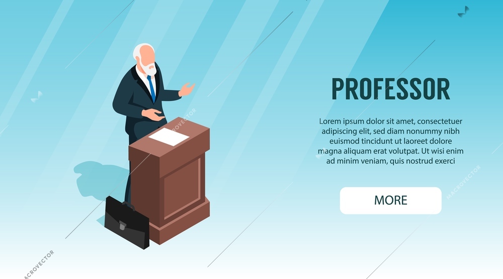 Isometric professor lecture class horizontal banner with character of senior teacher speaking at tribune with text vector illustration