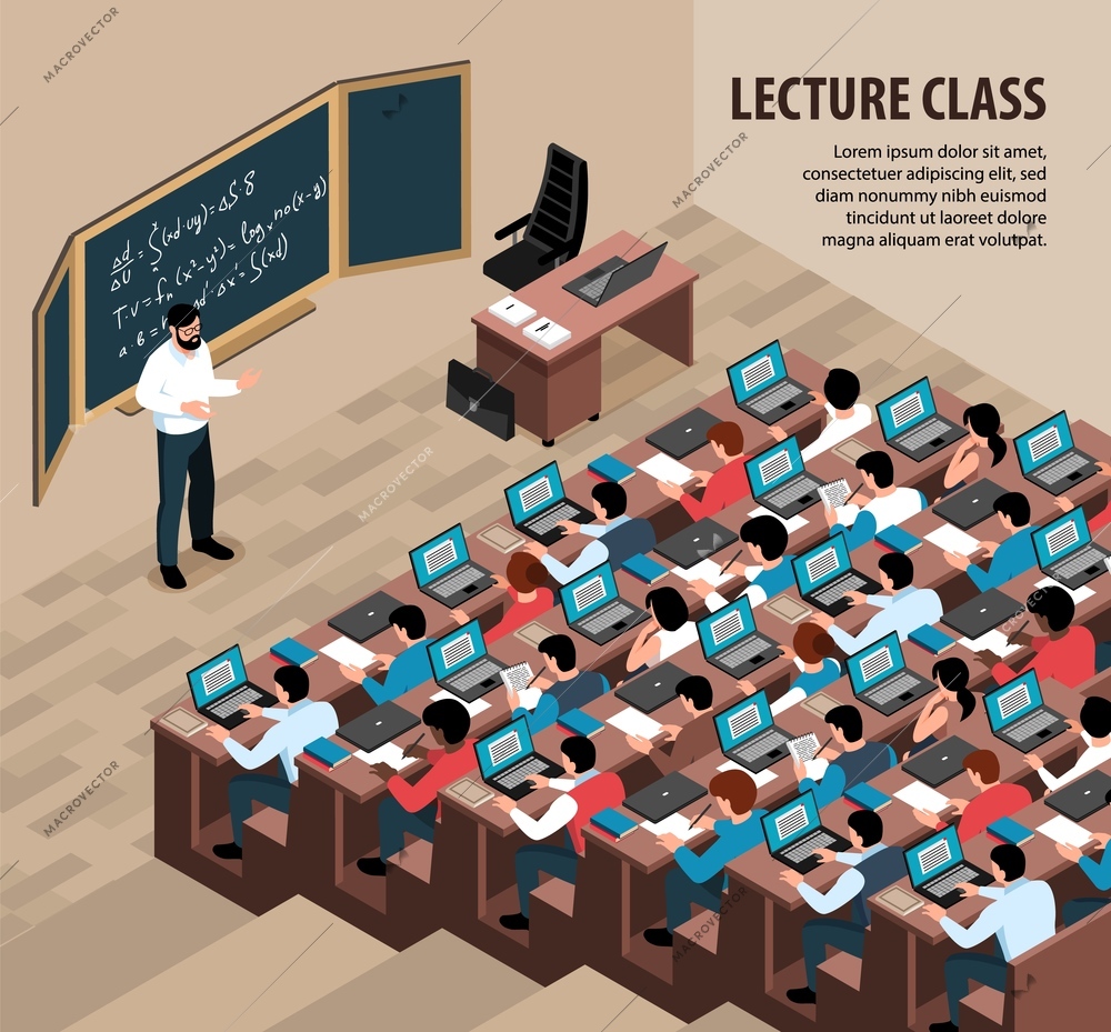 Isometric lecture class background with indoor scenery professor in front of blackboard and students with laptops vector illustration