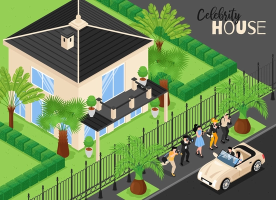 Celebrity house isometric background with photo reporters and journalists meeting famous couple arriving home by car vector illustration