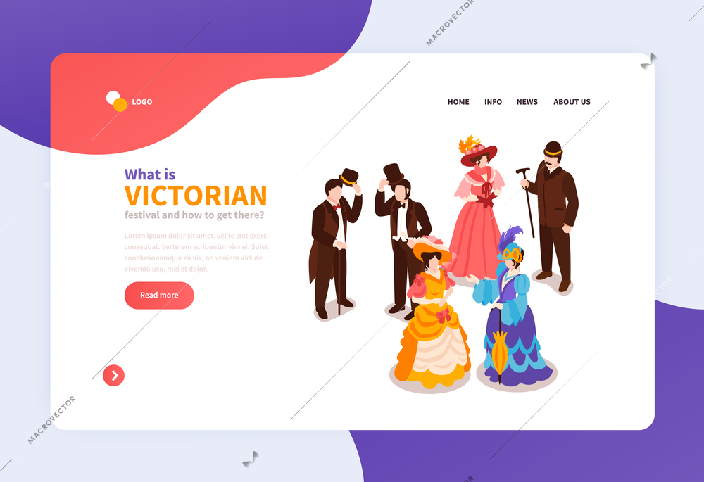 Victorian festival isometric landing page with ladies and gentlemen dressed in clothes of 18th  century vector illustration