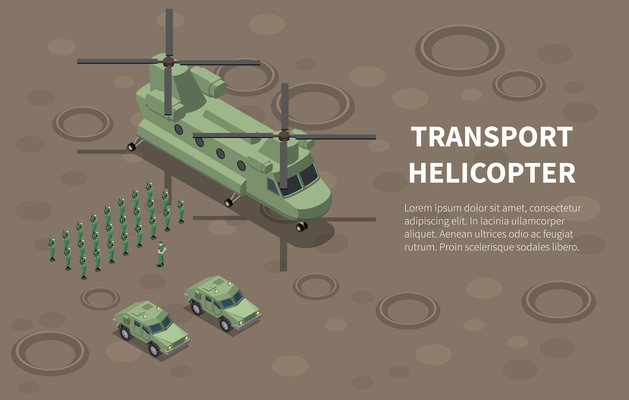 Military air force helicopter transport troops utility cargo  isometric composition with infantry regiment ground vehicles vector illustration