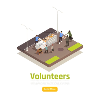 Charity donation volunteering isometric background with editable text read more button and outdoor food sharing composition vector illustration