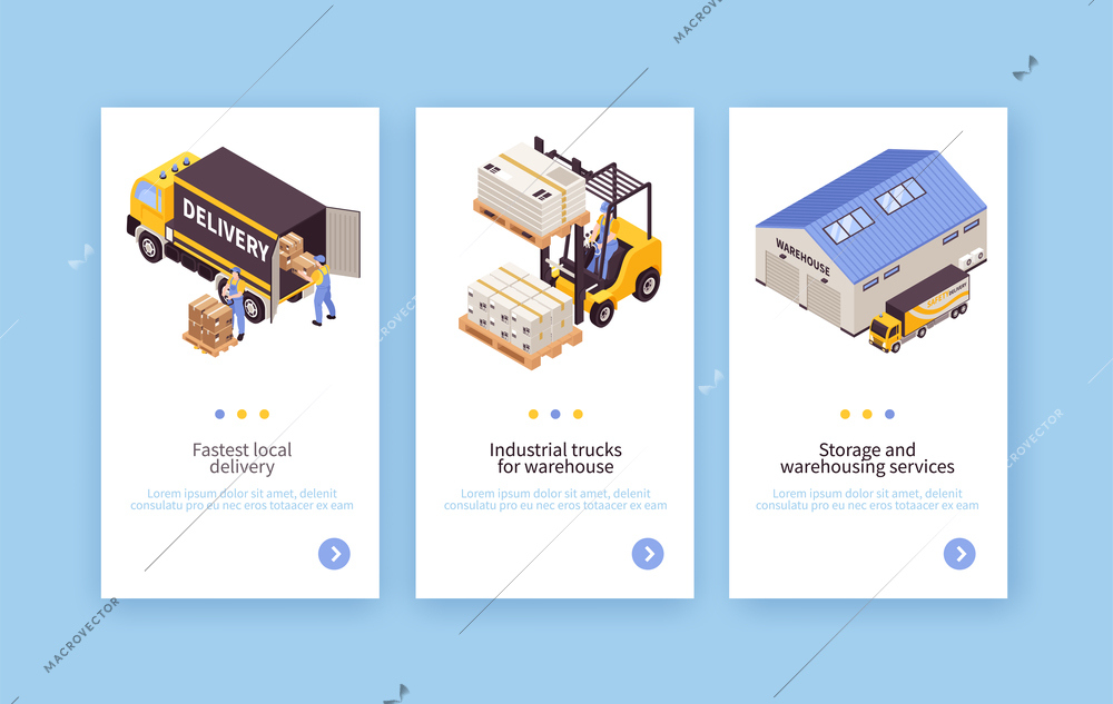 Warehouse storage pick pack delivery services equipment transportation vehicles 3 vertical isometric banners set isolated vector illustration